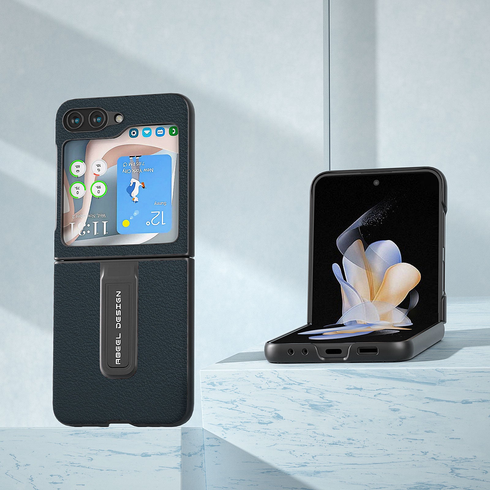 ABEEL For Samsung Galaxy Z Flip5 5G Kickstand Pouzdro na telefon z pravé hovězí kůže PC s texturou ABEEL For Samsung Galaxy Z Flip5 5G Kickstand Pouzdro na telefon z pravé hovězí kůže PC s texturou